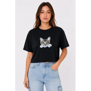Kadın Kedi Baskılı Oversize Crop Tişört Salaş Basic Yarım Kol T-shirt - Siyah