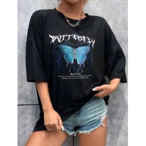 Kadın kelebek Baskılı Oversize kısa kol T-Shirt - Siyah