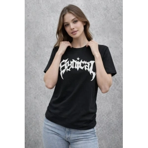 Kadın Kısa Kol Yazlık Tişört Bisiklet Yaka Baskılı Oversize T-Shirt - Siyah
