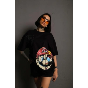 Kadın Mario Baskılı T-Shirt Oversize Kısa kol Bisiklet yaka tişort - Siyah