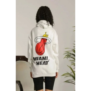 Kadın Oversize Kapüşonlu Cepli Baskılı 3 İplik Pamuklu Hoodie Sweatshirt - Beyaz
