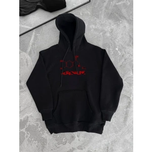 Kadın Oversize Kapüşonlu Cepli Baskılı 3 İplik Pamuklu Hoodie Sweatshirt - Siyah
