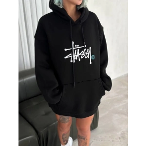 Kadın Oversize Kapüşonlu Cepli Baskılı 3 İplik Pamuklu Hoodie Sweatshirt - Siyah
