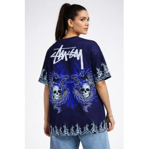 Kadın Oversize Tişört Dragon & Kuru Kafa Baskılı Bisiklet Yaka T-Shirt - Lacivert