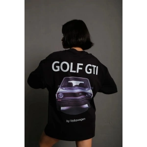 Kadın Oversize Tişört Golf GTI Retro Araba Baskılı T-shirt - Siyah