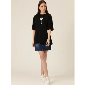 Kadın Papatya Baskılı T-Shirt Kısa Kol Bisiklet Yaka Oversize  Tişört - Siyah
