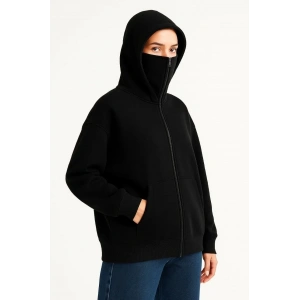 Kadın Samuray Ninja Çift Kapüşonlu Maske Detaylı 3 İplik Hoodie - Siyah