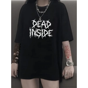 Kadın T-shirt Bisiklet Yaka Oversize Kısa Kollu Tişört - Siyah