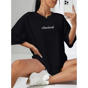Kadın T-shirt Penye Compack Classical Baskılı Kısa kol Tişört - Siyah