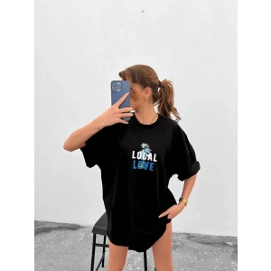 Kadın Tişort Bisiklet Yaka Baskılı Kısa kol Oversize T-Shirt - Siyah