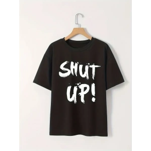 Kadın Tişört Shut Up Baskılı Kısa Kol Bisiklet Yaka T-Shirt - Siyah