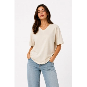 Kadın V Yaka Basic Tişört Kısa Kol Yazlık Regular Fit T-Shirt - Bej