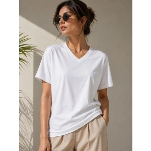 Kadın V Yaka Basic Tişört Kısa Kol Yazlık Regular Fit T-Shirt - Beyaz