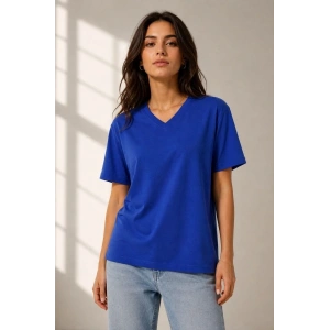 Kadın V Yaka Basic Tişört Kısa Kol Yazlık Regular Fit T-Shirt - Saks Mavisi