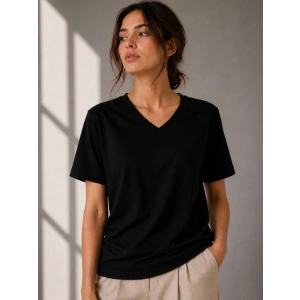 Kadın V Yaka Basic Tişört Kısa Kol Yazlık Regular Fit T-Shirt - Siyah