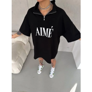 Kadın Yarım Fermuarlı Tişört Baskılı T-Shirt - Siyah