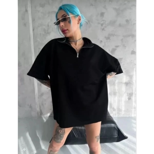 Kadın Yarım Fermuarlı Tişört Düz Oversize T-Shirt - Siyah