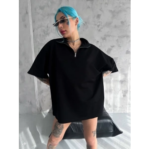 Kadın Yarım Fermuarlı Tişört Kısa kol T-Shirt - Siyah