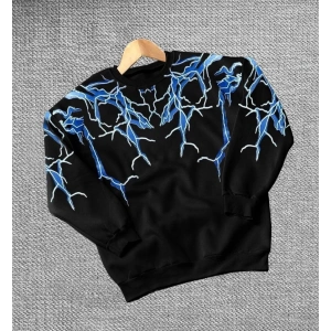 Kadın Yıldırım Baskılı Bisiklet Yaka 3 iplik pamuklu Sweatshirt - Siyah