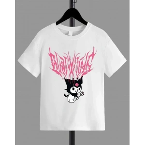 Kız Çocuk Bisiklet Yaka Baskılı T-Shirt - Beyaz