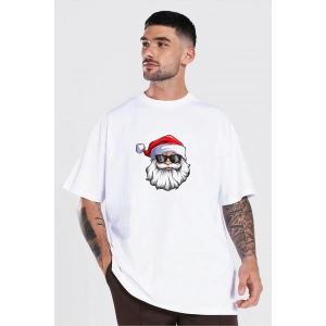 Yılbaşı Gözlüklü Noel Baba Baskılı Kısa Kollu Oversize Bisiklet Yaka T-shirt - Beyaz