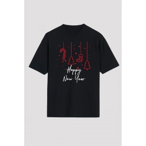 Yılbaşı Happy New Year Baskılı Kısa Kollu Oversize Bisiklet Yaka T-shirt - Siyah