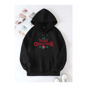 Yılbaşı Merry Christmas Baskılı Oversize Kapüşonlu Sweatshirt Hoodie - Siyah