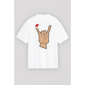 Yılbaşı Tişört Noel Başlıklı Serçe Parmak T-shirt - Beyaz