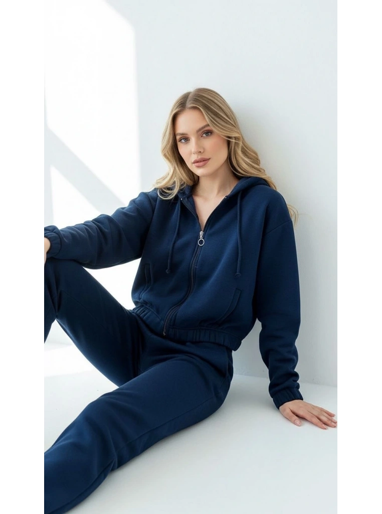 3 iplik şardonlu Kapşonlu fermuarlı kısa üst lacivert pat8590