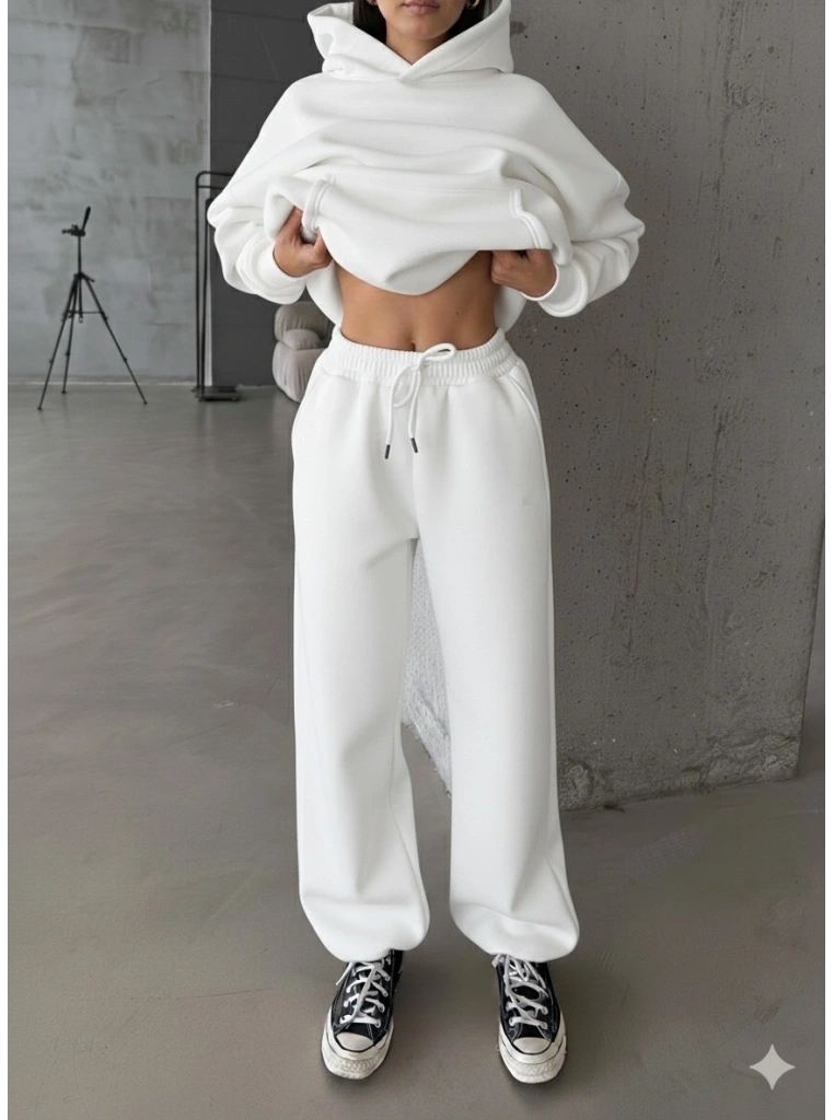 3 iplik şardonlu Lastik paça eşofman beyaz p510439