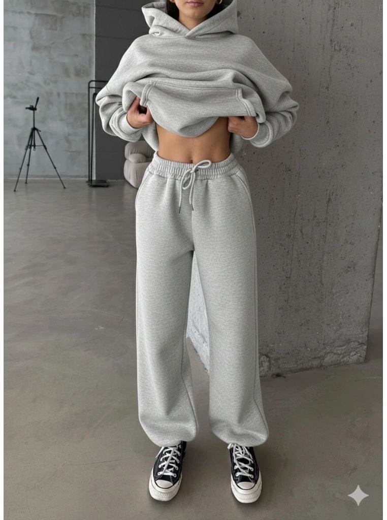 3 iplik şardonlu Lastik paça eşofman gri p510439