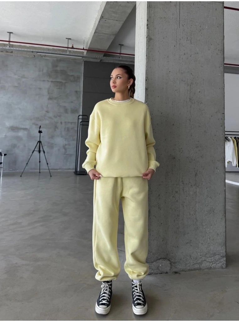 3 iplik şardonlu Lastik paça eşofman sarı p510439