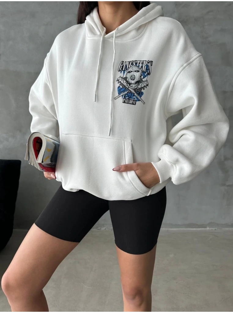 3 iplik şardonlu oversize kafa baskılı sweat beyaz