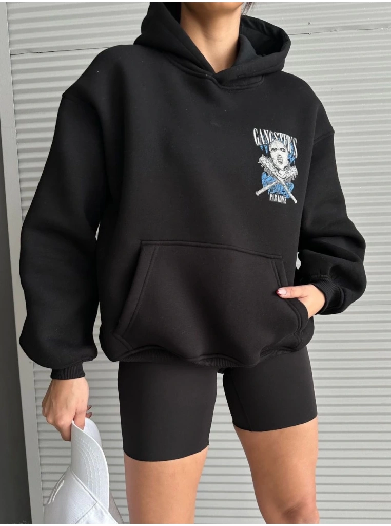 3 iplik şardonlu oversize kafa baskılı sweat siyah