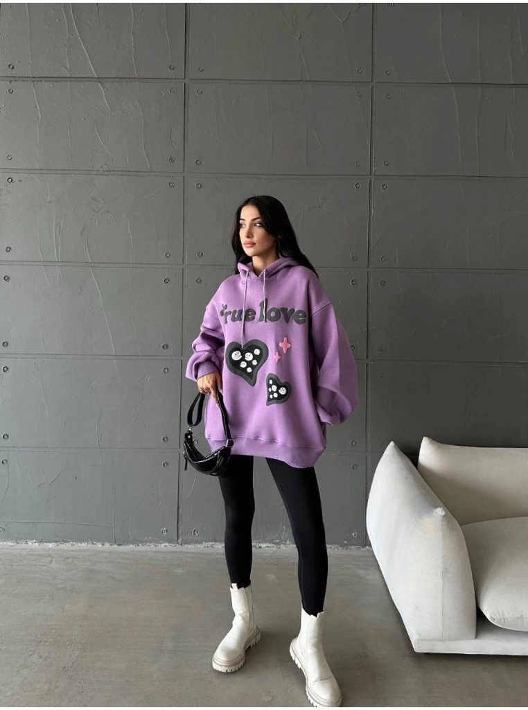 3 iplik şardonlu oversize true baskılı sweat mor