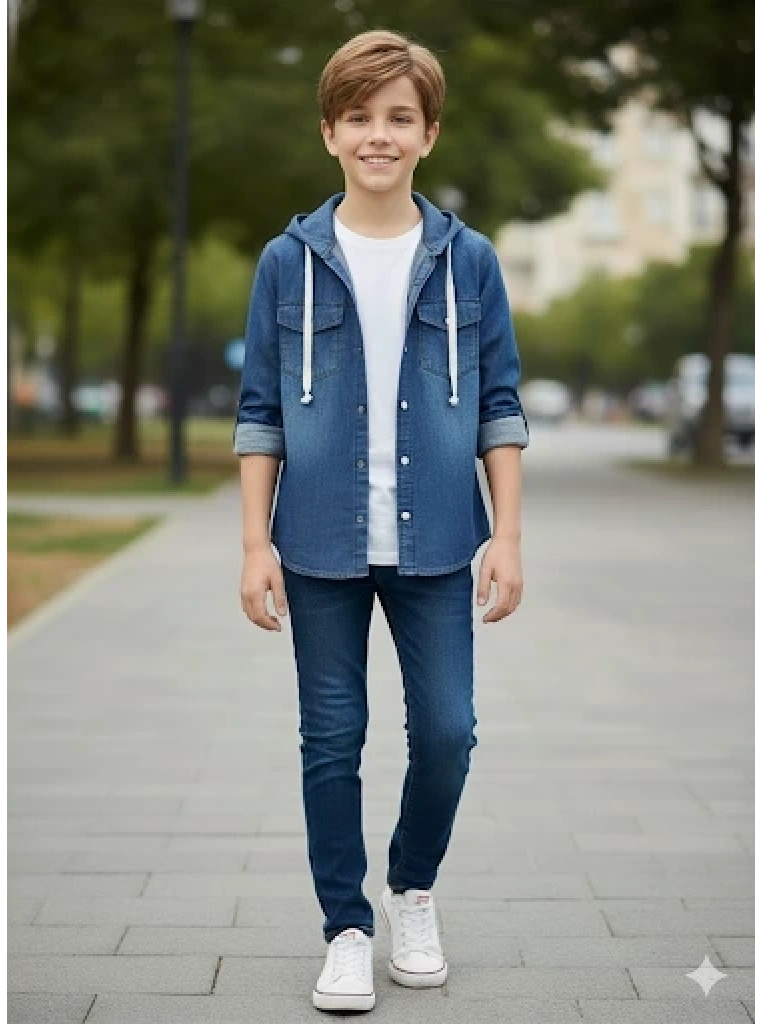 5-9 yaş arası erkek çocuk Kapşonlu kot ceket mavi