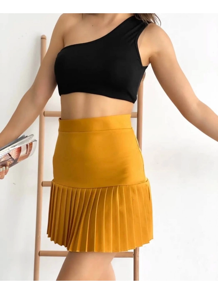 Altı pliseli mini etek hardal s24705