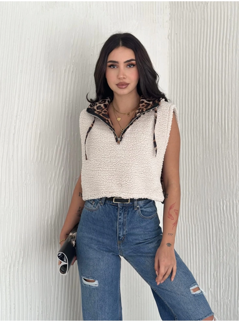 Astarlı kapşonlu kuzu yelek beyaz t1243