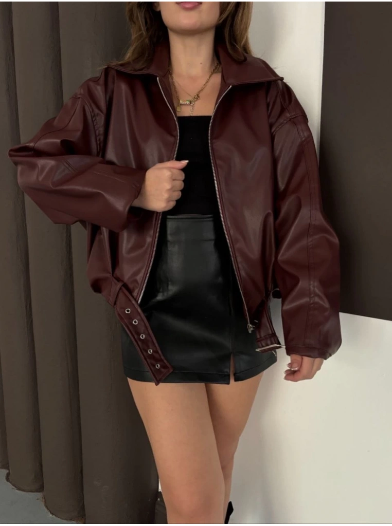 Astarlı kemerli pb deri ceket bordo onst