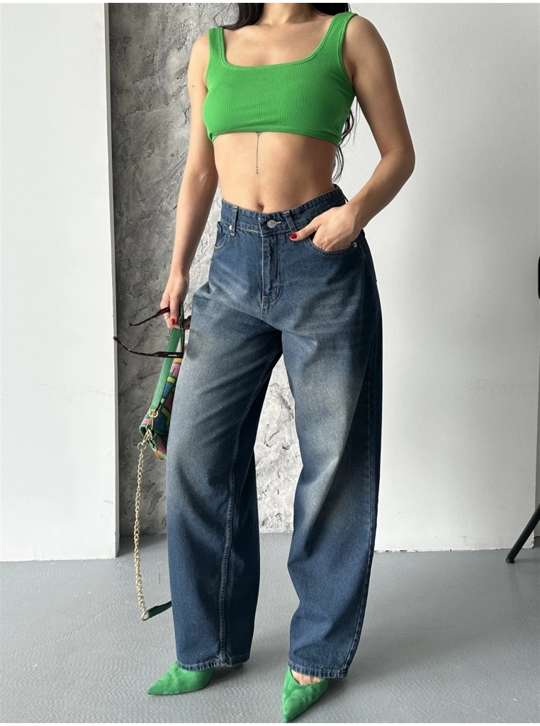 Baggy süper taş bıyık yıkama kahve tint jeans pantolon d2007