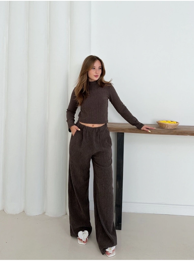 Balıkçı yaka örme takım kahve st265865