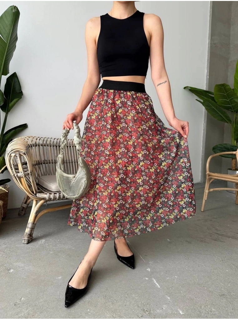 Baskılı astarlı uzun etek