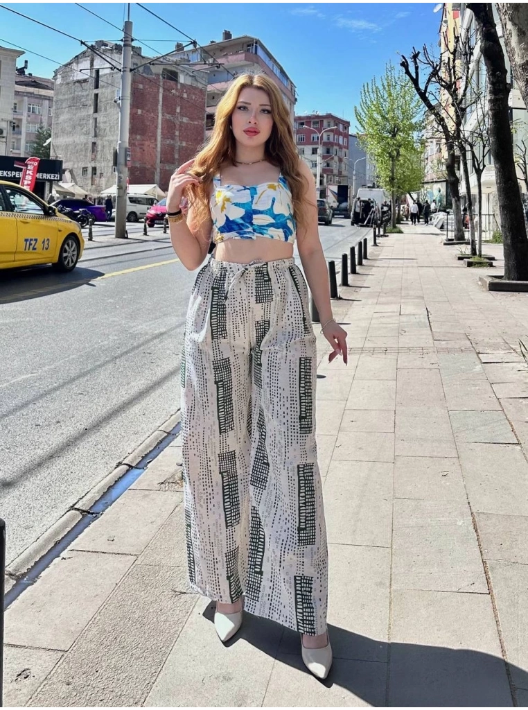 Baskılı Bağcıklı keten pantolon krem