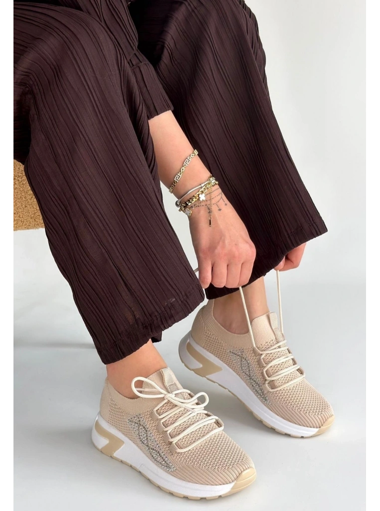 Belan Bej Triko Bağcıklı Spor Ayakkabı