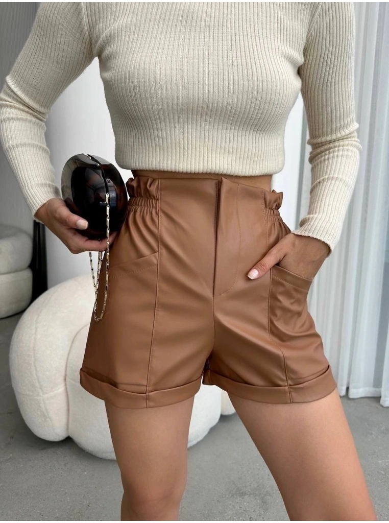 Beli lastikli deri şort kahve H24605