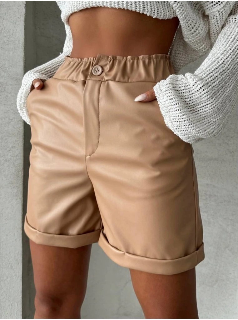 Beli lastikli duble paça deri şort bej w24755