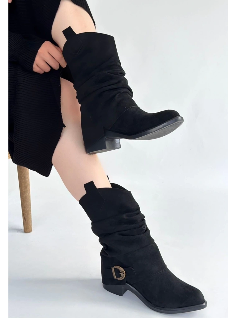 Canty Siyah Süet Körüklü Topuklu Çizme