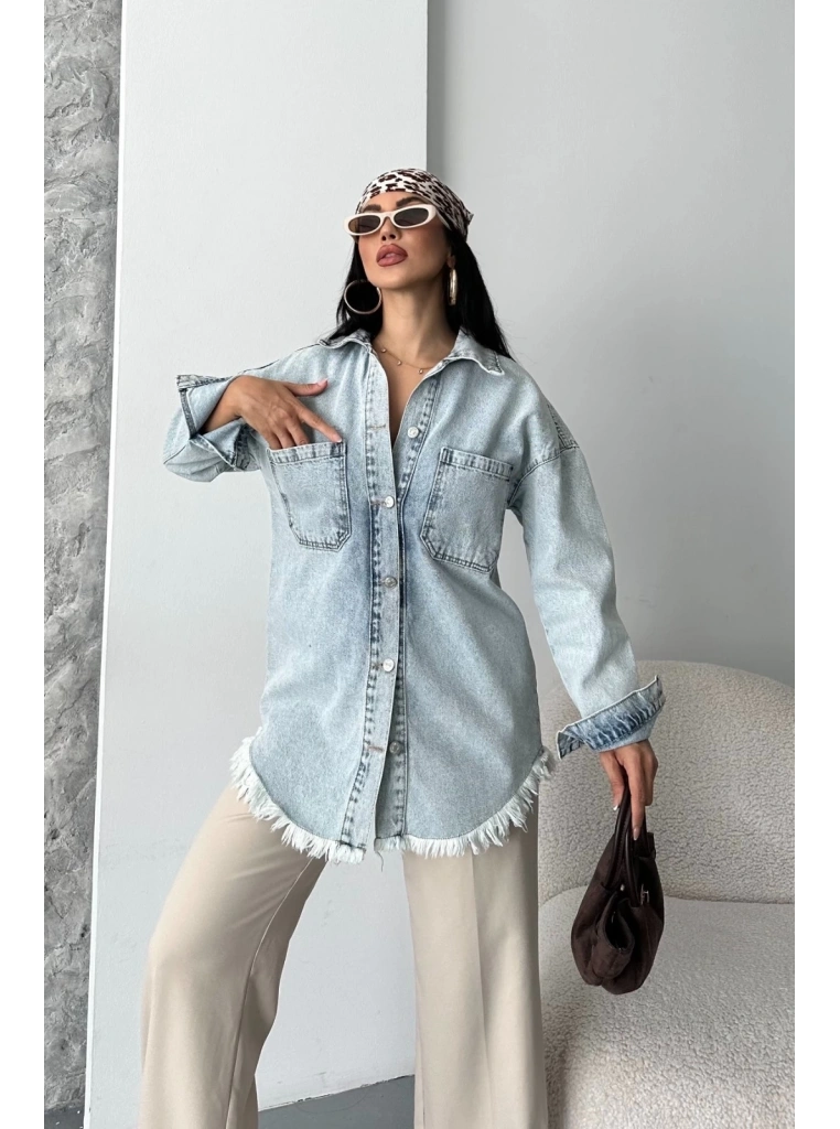 Cepli püsküllü kar yıkama kot ceket mavi d2515