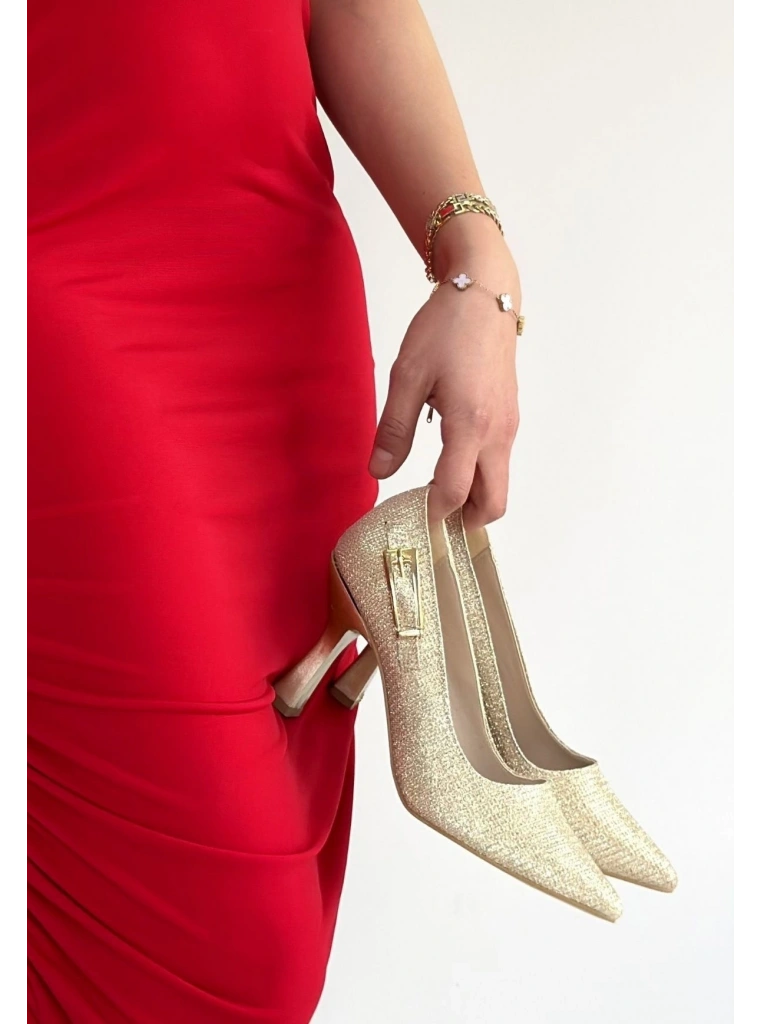 Cerin Gold Saten Simli Topuklu Ayakkabı