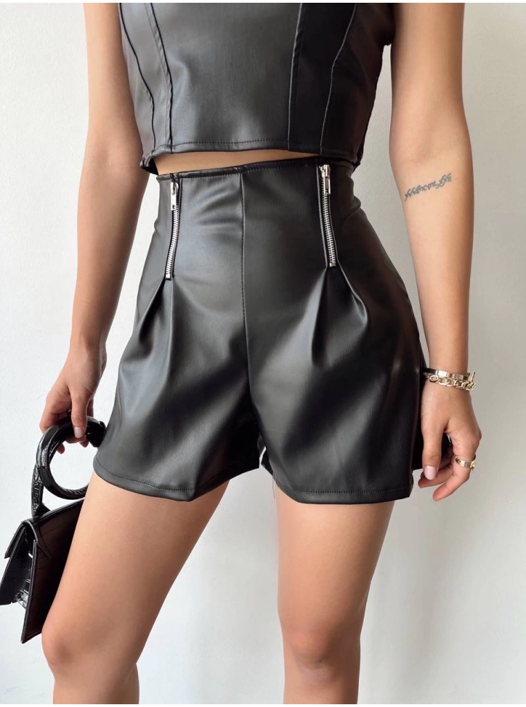 Çift fermuarlı deri şort h24394